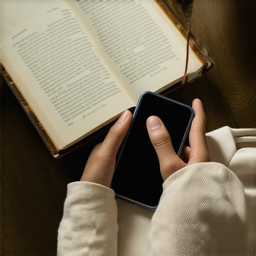 Person journaling with prayer journal and using a mobile app in a serene spiritual environment.