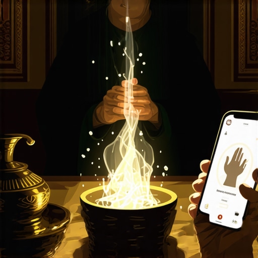 Person blessing a home environment with religious artifacts and prayer app.