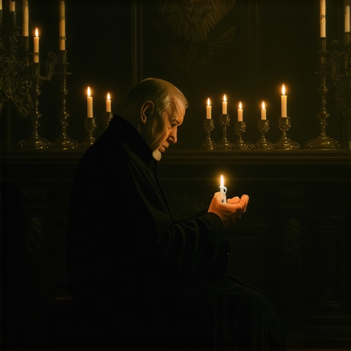 Exorcist performing a spiritual ritual with religious symbols in a dimly lit room.