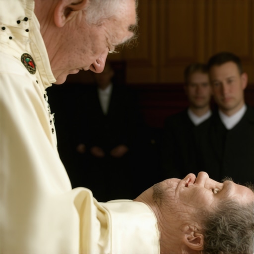 Priest conducting an exorcism with family members in a church setting.