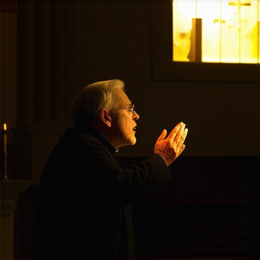 Priest performing exorcism with religious symbols around him