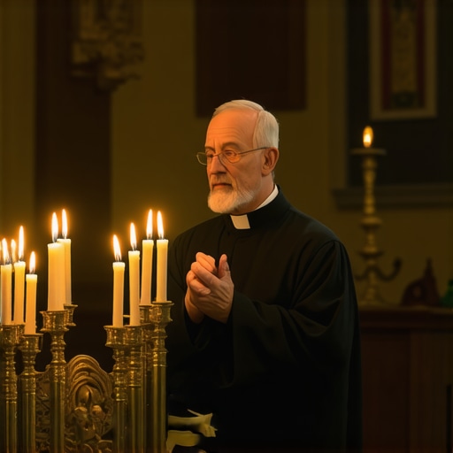 Catholic priest conducting an exorcism with prayer and sacred symbols in a church