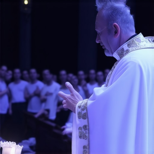 Catholic priest conducting exorcism in church with praying congregation.