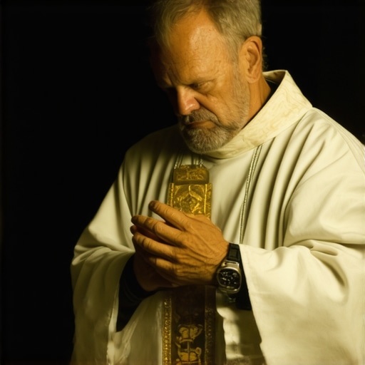 A priest conducting a Catholic exorcism with spiritual symbols