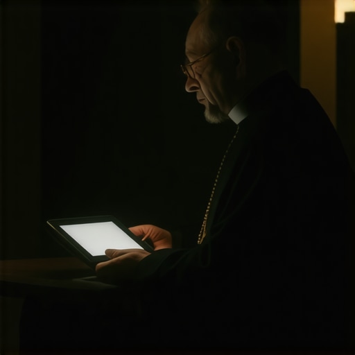A Catholic priest holding a blessed object while monitoring a digital device for exorcism