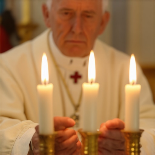 A Catholic priest performing an exorcism in a reverent setting with candles and sacred symbols.