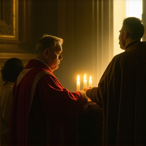 Catholic priest conducting exorcism with family in a solemn setting