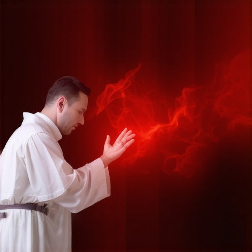 A priest performing Catholic exorcism rites with sacred symbols.