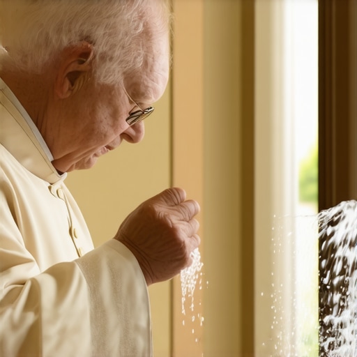 Priest performing a home blessing with holy water in Virginia, symbolizing protection against spiritual disturbances.