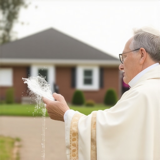 A Catholic priest performing a home blessing ceremony in Virginia using holy water, symbolizing spiritual protection.