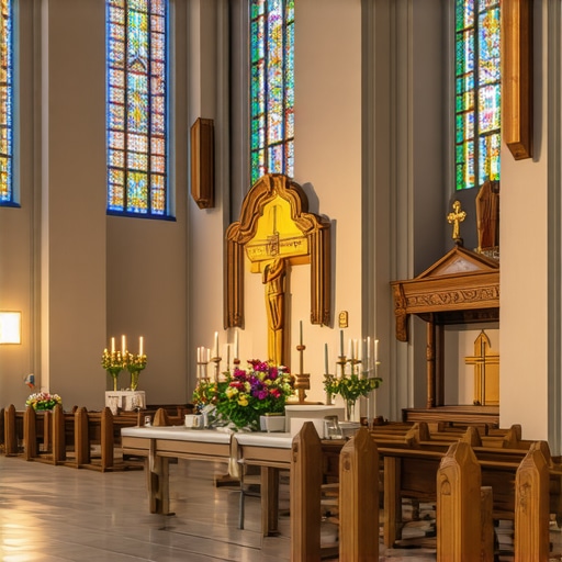 Interior of a Catholic church with ritual objects used in exorcisms