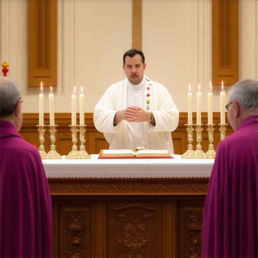 A Catholic priest performing an exorcism ritual in a church setting with clergy and family present.