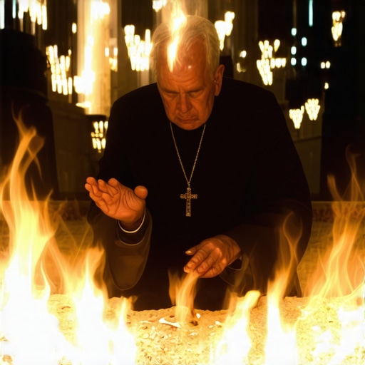 Priest performing exorcism with clergy and family in a dimly lit room.