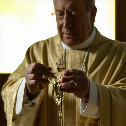 Priest blessing a home with holy water during exorcism ritual