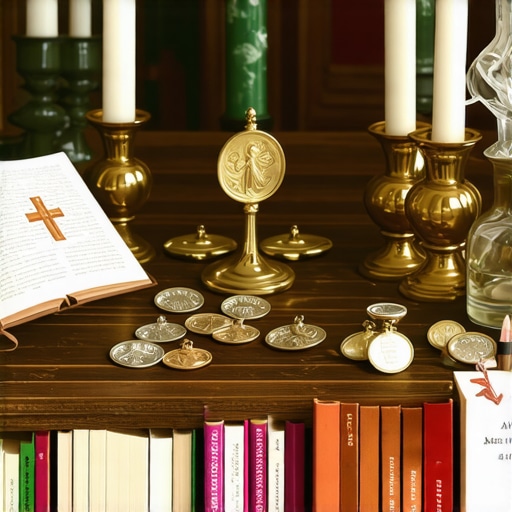 Catholic Sacramentals for Spiritual Protection Sacramentals like holy water, medals, and prayer books arranged on an altar for spiritual practice