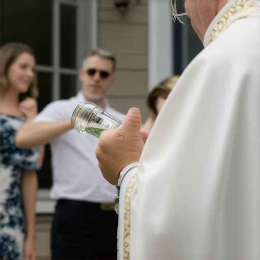 Catholic priest performing home blessing in Virginia Priest blessing a Virginia home with holy water, family praying in the background.