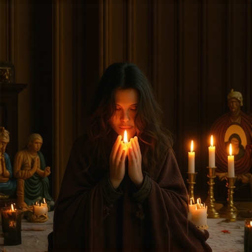 Person praying with candles and religious icons in a Virginia home.