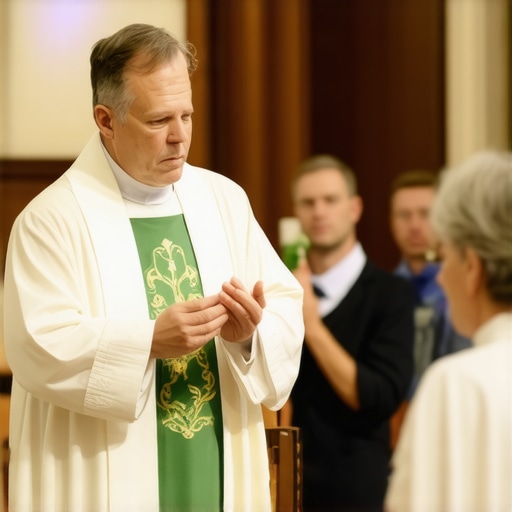 Catholic priest performing deliverance prayer surrounded by family in Virginia church
