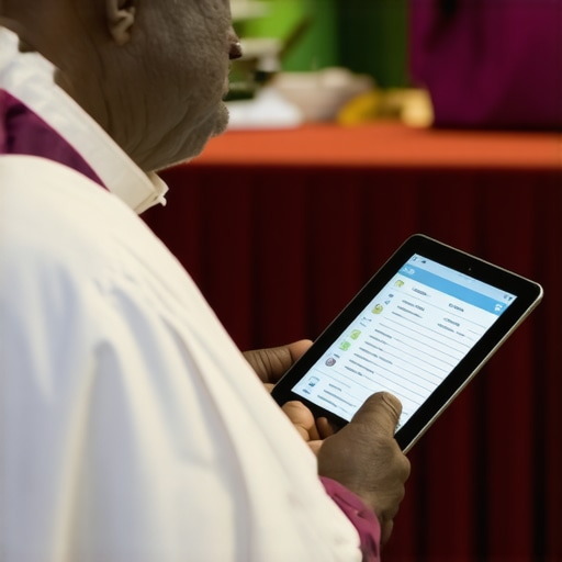 Priest conducting spiritual deliverance with digital devices and sacramentals.
