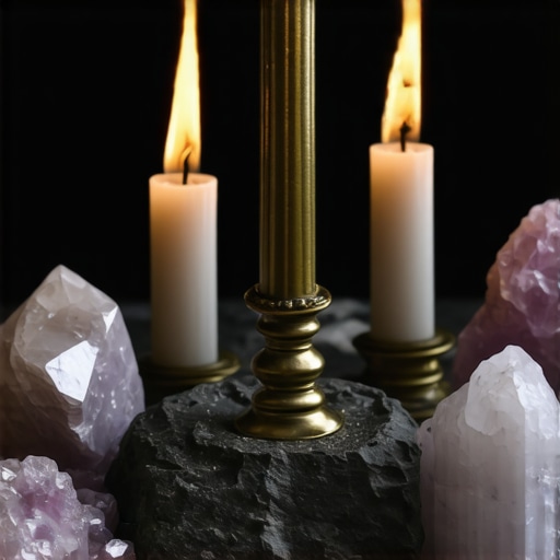 A collection of spiritual tools for exorcism and demon removal arranged on a altar, including relics, crystals, and symbols.