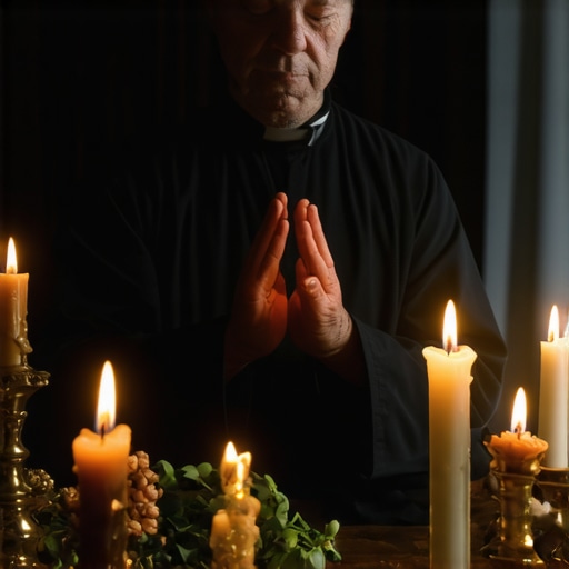 Priest performing exorcism with sacred objects in a dimly lit room