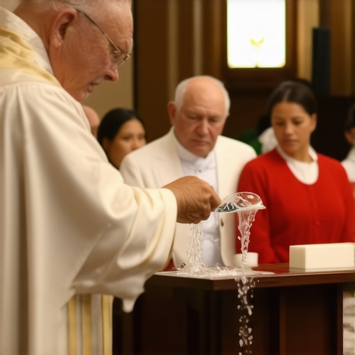 Priest blessing holy water during exorcism prep in Virginia church.