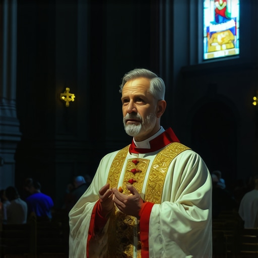 Priest conducting an exorcism with sacred symbols and sacred atmosphere in a church.