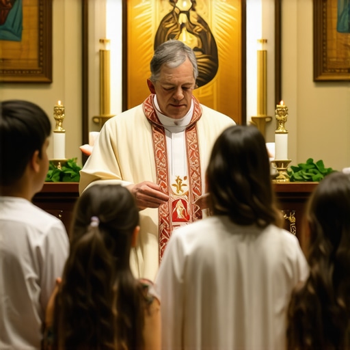 Exorcism in Virginia Home A Catholic priest conducting a spiritual deliverance ceremony in a Virginia residence, with family members present.