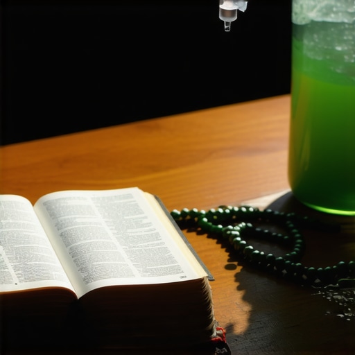A small sprayer filled with holy water placed on a prayer cloth, symbolizing spiritual defense