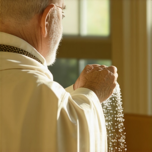Virginia priest performing a spiritual house blessing with holy water.