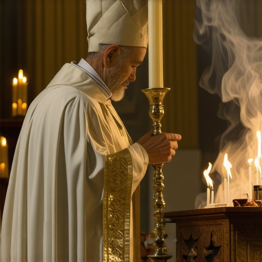 Catholic priest performing exorcism with sacred symbols during a formal ritual