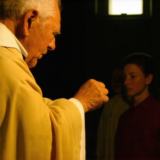 A Catholic priest in ritual attire conducting an exorcism inside a haunted Virginia home with concerned family watching.