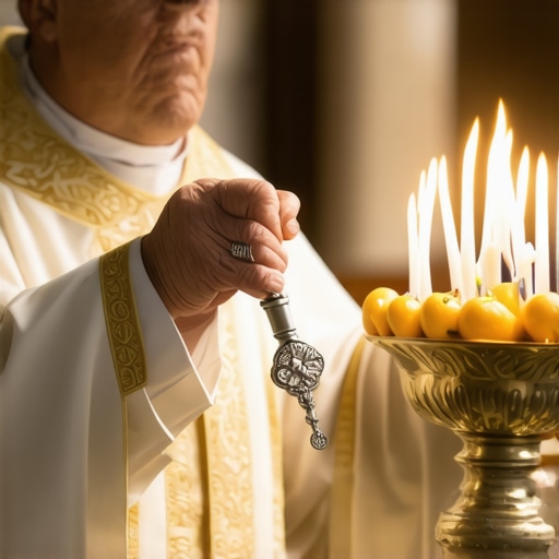 Priest performing blessing with holy water in a sacred setting