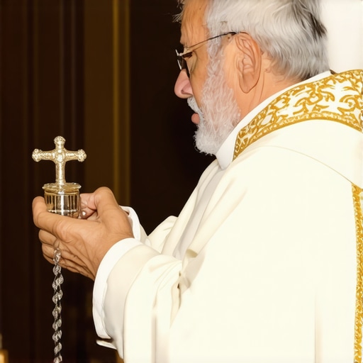 A priest sprinkling Holy Water during a home blessing ceremony, emphasizing spiritual protection.