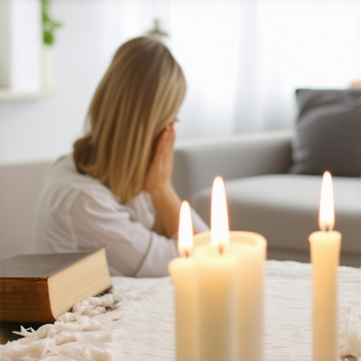 Person praying with Bible and candles at home for spiritual deliverance.