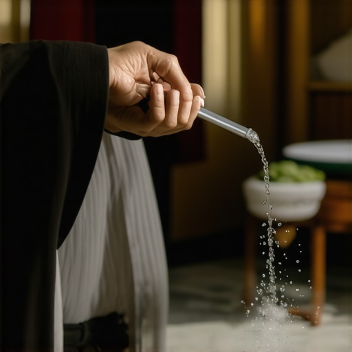 A person blessing their home using holy water and salt for spiritual protection.