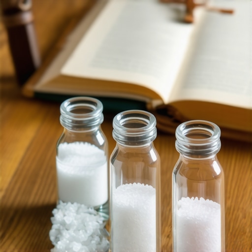 Holy water and blessed salt in glass vials placed on a prayer table for spiritual protection