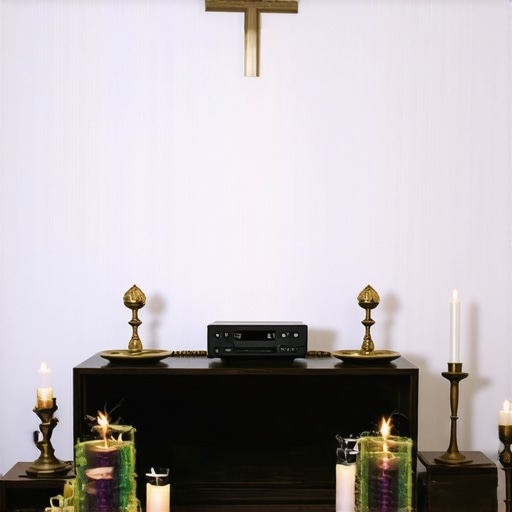 Spiritual Deliverance Equipment in Practice A spiritual deliverance setup with blessed candles, crucifix, audio recorder, and prayer tools