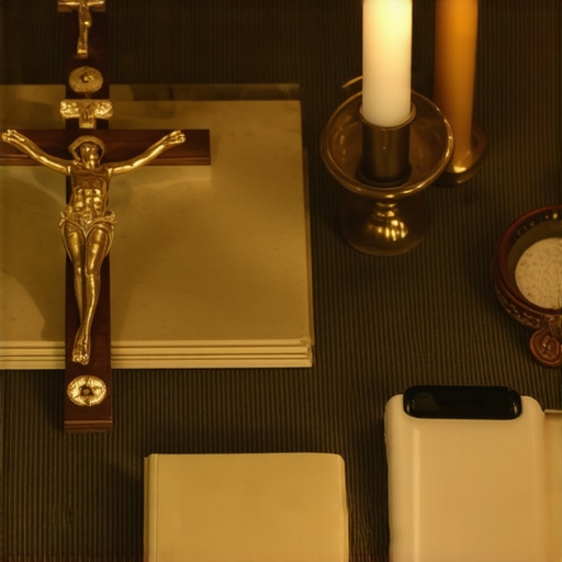 Altar with prayer items and a smartphone displaying spiritual prayer app