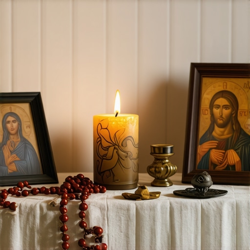 Spiritual Prayer Corner for Maintenance A peaceful home prayer corner with religious symbols and prayer tools for spiritual durability.