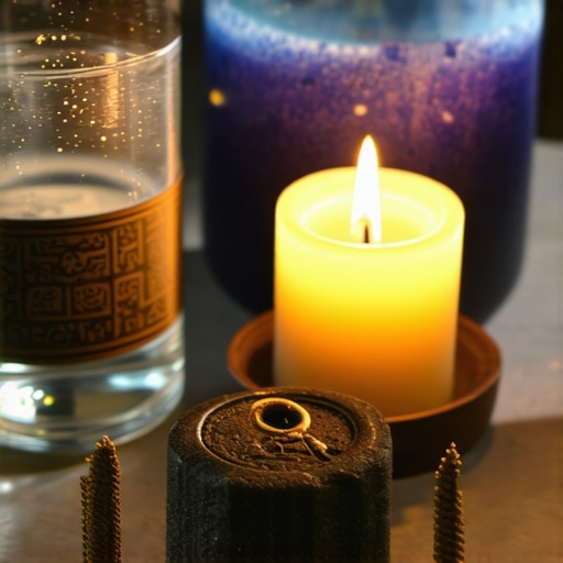 Home altar with religious items for spiritual defense.