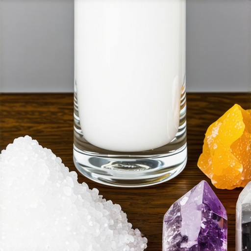 Holy water, blessed salt, and crystals arranged on an altar for spiritual defense