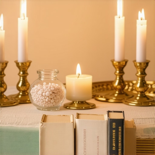 An organized altar with blessed sacramentals and prayer tools for spiritual protection.