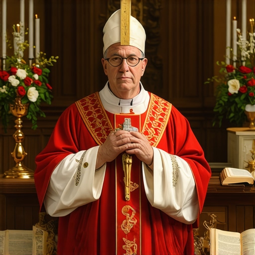 A priest holding a crucifix and rosary, with spiritual books and sacramentals on a table.