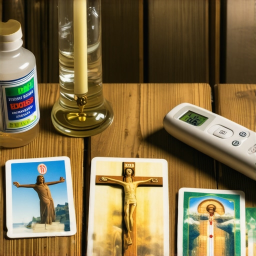 Sacred items and tools used in Catholic exorcism rituals arranged on an altar