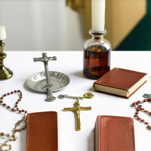 A collection of Catholic prayer tools including rosaries, holy water, and prayer books on a wooden table.