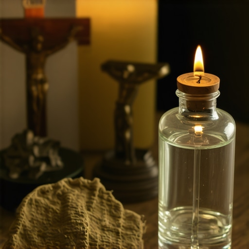 Blessed medals, holy water, and crucifix arranged on a prayer table, illustrating spiritual protection techniques.