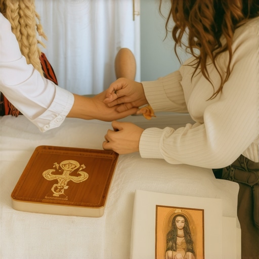 Virginia family performing a spiritual home blessing with religious icons and prayer tools