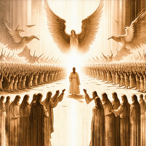 Spiritual Warfare in Virginia An artistic depiction of angels and demons engaged in battle, with a faithful person praying