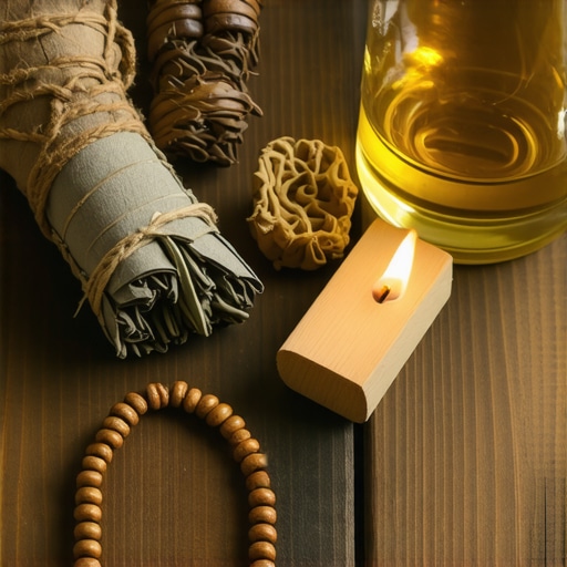 Herbs, holy water, and prayer beads arranged for spiritual purification